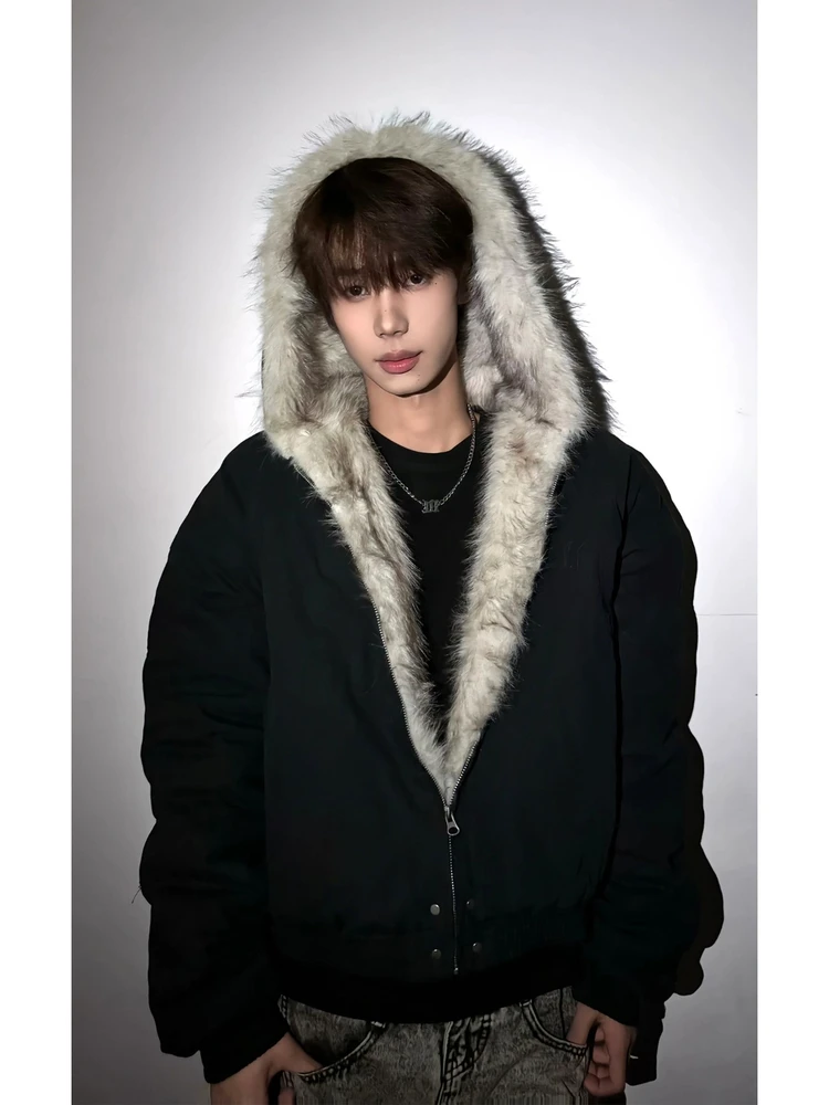 

Black Hooded Thickened Cotton Jacket with Fur Collar for Men And Women Youth Fashion Winter Warm Short Coat for Couples