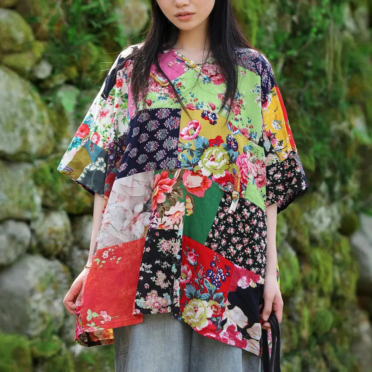 LZJN Top estivo ampio in puro cotone patchwork con camicia unica a maniche corte girocollo in stile etnico stampato di grandi dimensioni