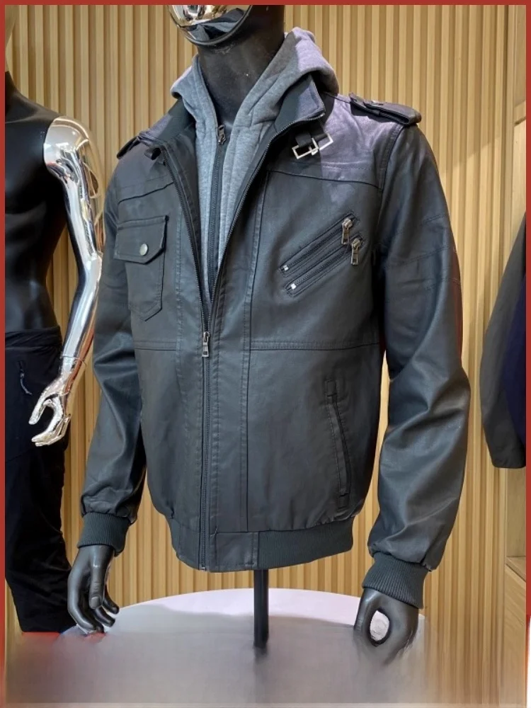 

Detachable Hoodie Fake Two-Piece PU Leather Jaet Men's Motorcycle Sle Autumn Winter Outerwear Baseball Coat Stand Fit