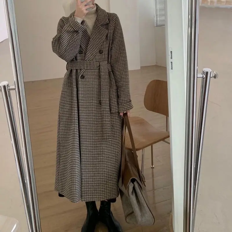 Gingham Wollen Jas Vrouwen Herfst Winter 2023 Nieuwe Mode Lange Mouw Losse Jas Vintage Kant Omhoog Turn Down Kraag Jack