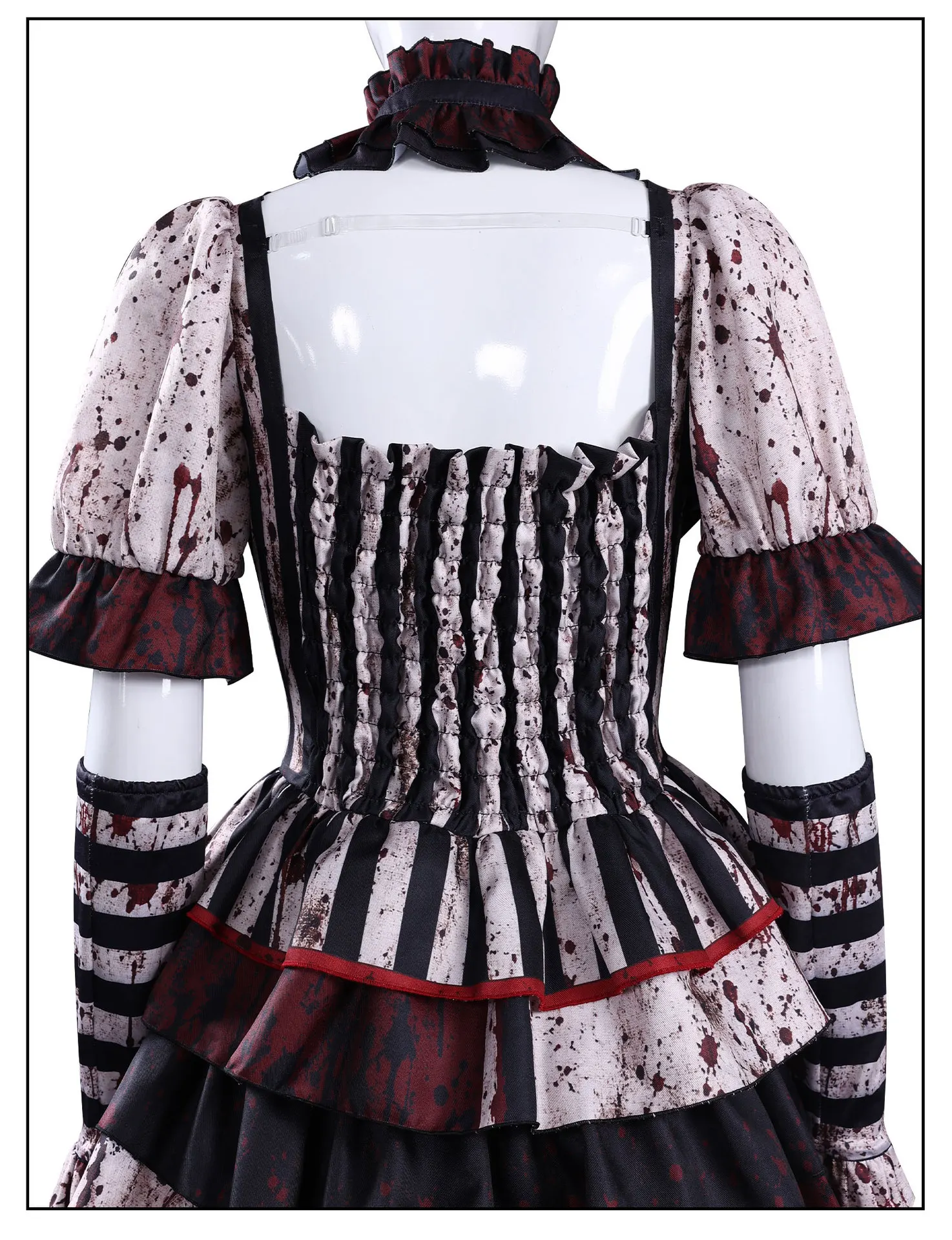 Blutiger Horror-Clown Cosplay-Kostüm für Frauen, Gothic Horror Zirkus Cosplay-Kleid, Gruseliger Gestreifter Blut-Party-Jumpsuit für Halloween – Detail 25