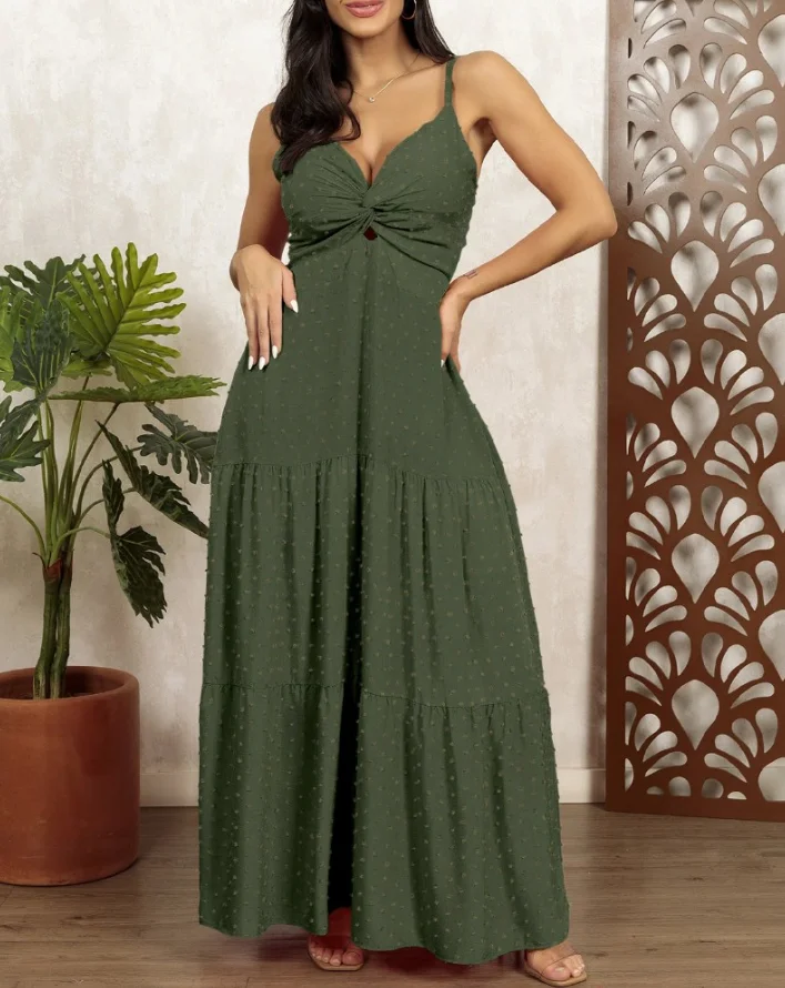 

New Fashion 2025 Summer Polka Dot V-Neck Spaghetti Strap High Waist Dress Casual Twist Ruffle Hem A Line Flowy Maxi Dress