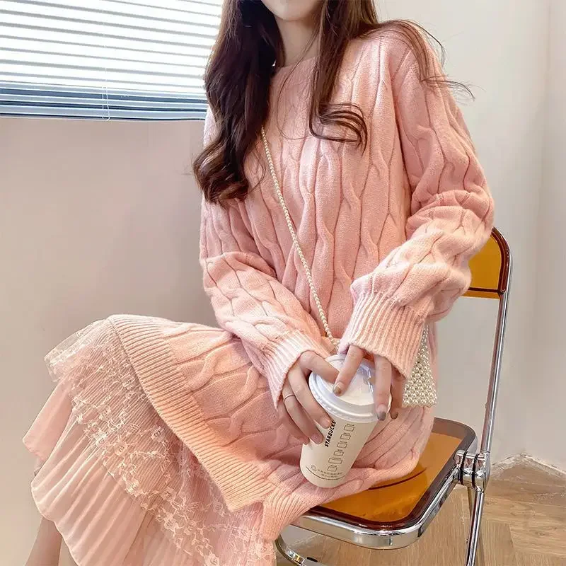 Dresses for Women 2023 Korean Oversized Sweater Women Maxi Dress O-Neck Elegant Commute Party Fashion Women\'s Wear Knit Dress