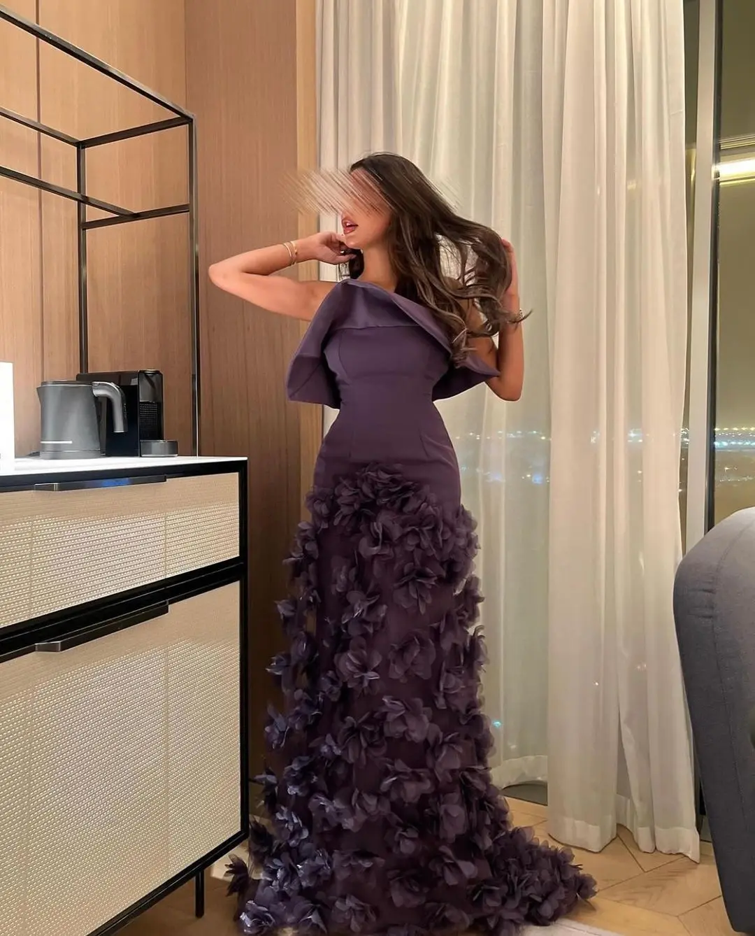 Purple Flower Evening Party Dress 2024 Dress Prom Dresses Sweep Train Saudi Arabia A-Line Strapless Dress  For Special Events