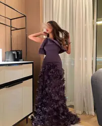 Purple Flower Evening Party Dress 2024 Dress Prom Dresses Sweep Train Saudi Arabia A-Line Strapless Dress  For Special Events