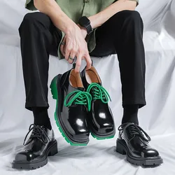 Men Green High Sole Platform Glossy Leather Shoes Man Japan Harajuku Korean Streetwear New Business Wedding Leather Shoes