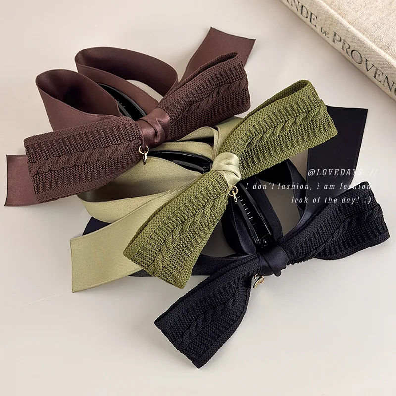 1pc Knit Bow Large Banana Clip Autumn Winter Maillard Retro Non Slip Hair Claw for Women High Ponytail Holder Vertical Twist