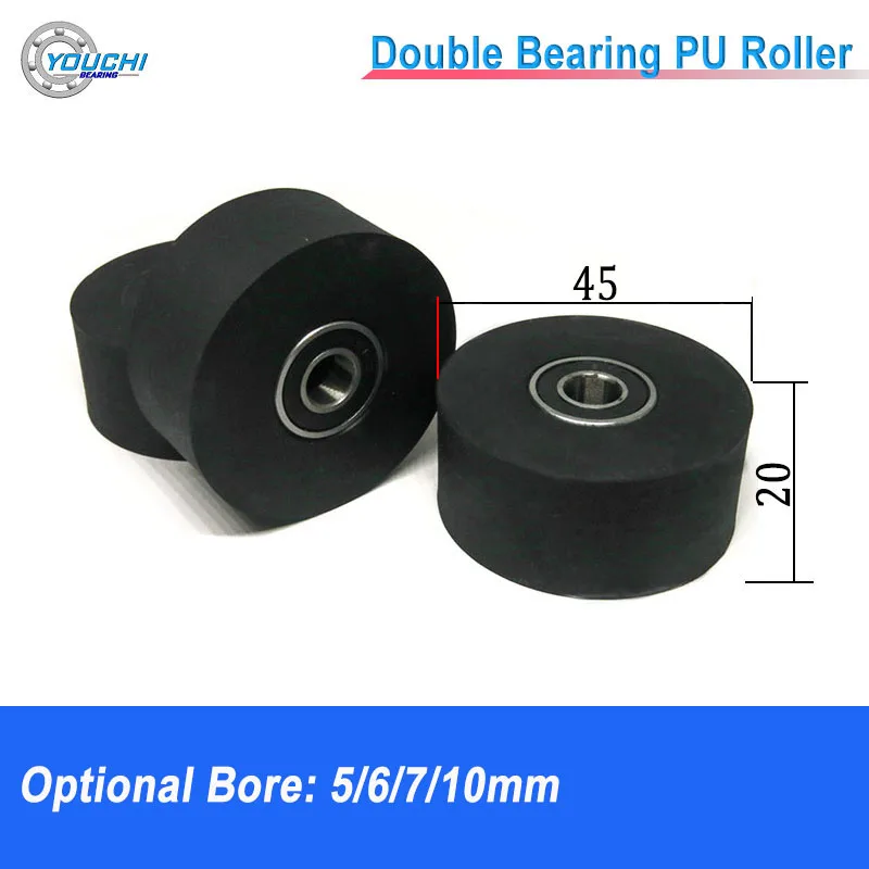 4pcs 5/6/7/8/10 Bore 45mm Diameter 20mm Thickness Polyurethane Silent Guide Wheel With Double Bearing PU Coated Roller