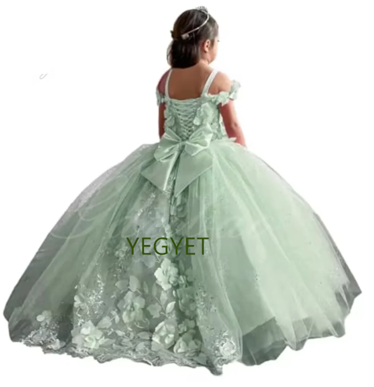 

CustomizedGreen 3d Applique Flower Girl Dress For Wedding Luxury Puffy Sleeveless With Bow Kids Birthday First Communion Ball Go