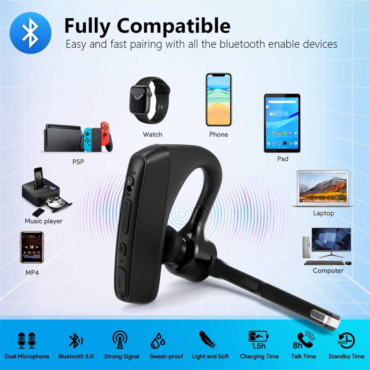 Walkie Talkie Bluetooth Earphone with M Plug Adapter Wireless PTT Remote Control for Restaurant Hotel YDH