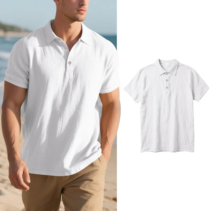 2025 Daily Casual Short Sleeve Linen Polo Shirt Mens Fashion Buttoned turn-down collar Shirt Summer Leisure beach men Polo Shirt