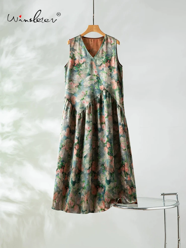 

Winsleter-100%Real Silk Watered Gauze Elegant Vest Dress, V Neck Floral, Women Temperament Dresses, 2026 Summer New D65078CC