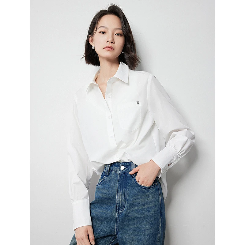 TOYOUTH Women Blouse Shirt 2024 Autumn New Pocket Embroidered Turn Down Collar Long Sleeve Office Lady Shirt Tops