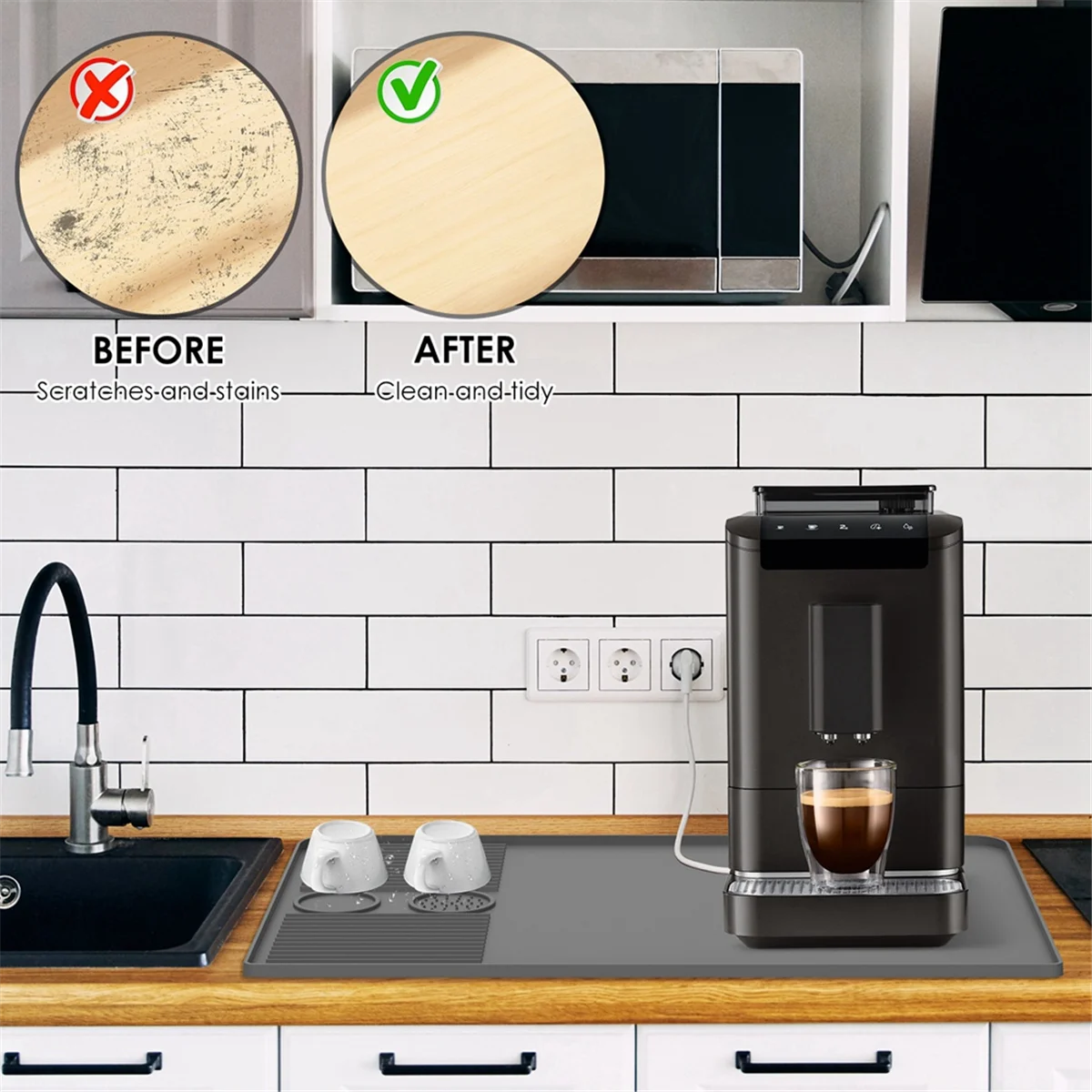 X64A_Large Silicone Non-Slip Coffee Machine Mat, Heat & Shock Absorbing, Coffee Counter Mat 40.5x60.9cm