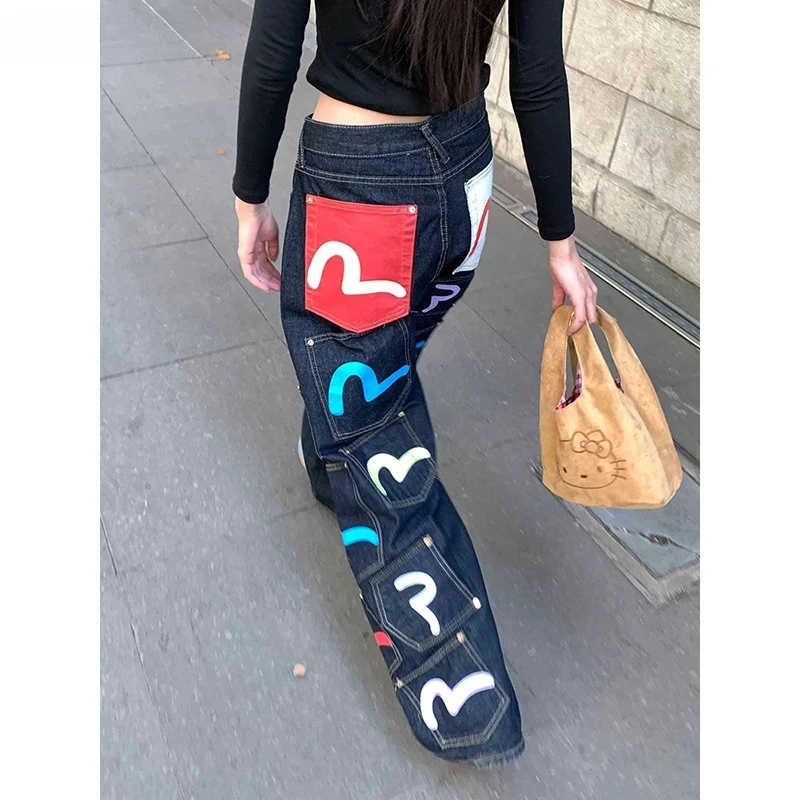 IMU Hiphop Trendy Cargo Jeans Women Plus Size Colorful Graffiti Multi-pocket Wide Leg Pants Vintage Boyfriend Streetwear
