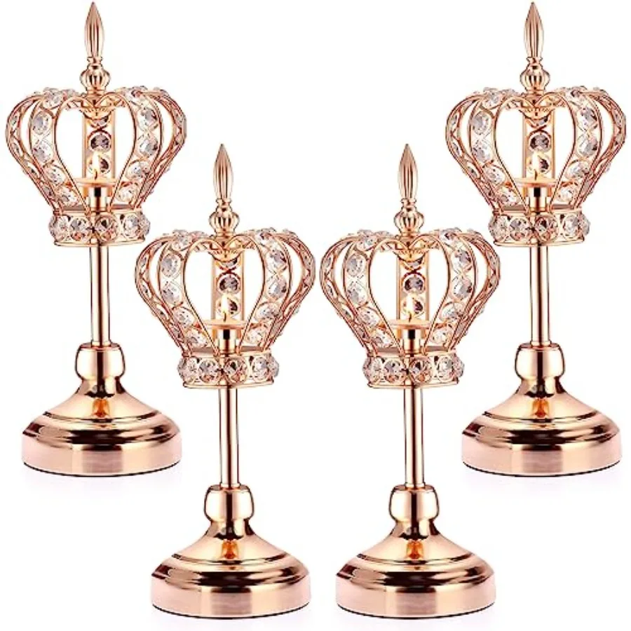 

4 Pcs Gold Crystal Candle Holders Crown Candlestick 13.8 Inches Tealight Holders Metal Candelabra Vintage Votive Candlesticks E
