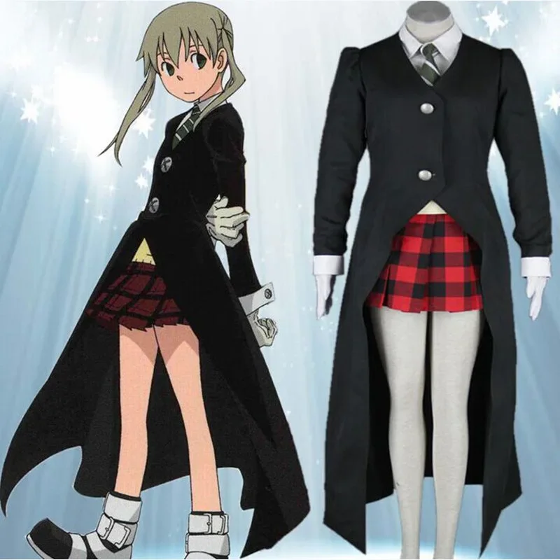 Disfraz de Cosplay de Anime Maka Albarn para mujer, uniforme de falda para niña, Halloween, fiesta de carnaval, peluca, chaquetas, corbata blanca