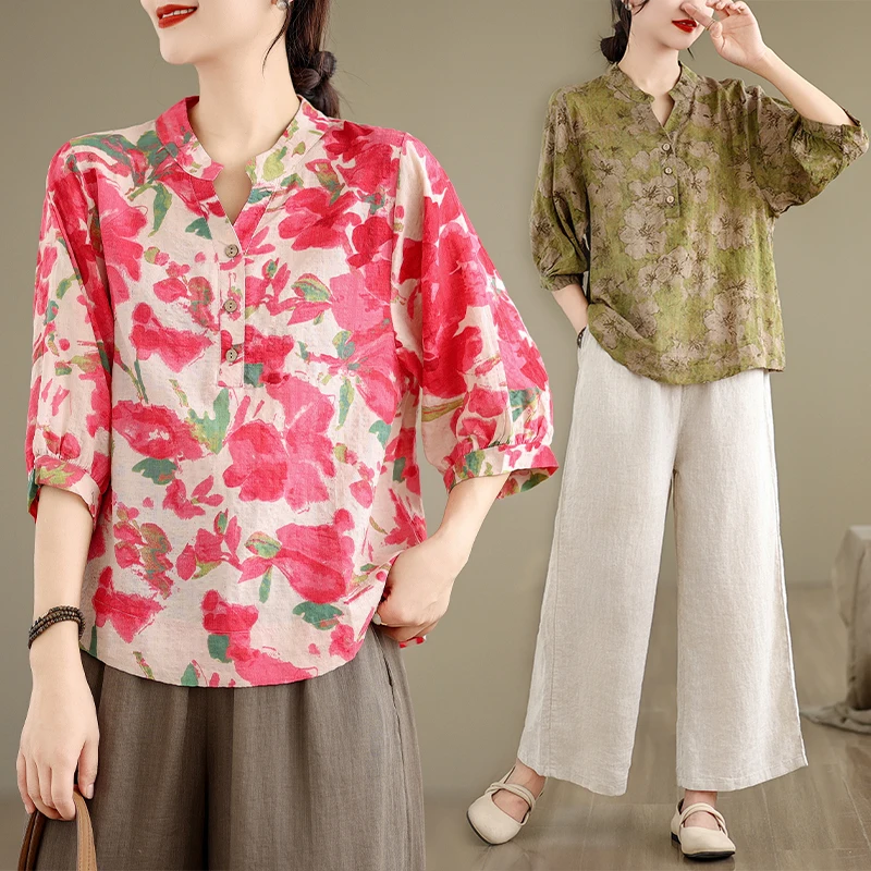 

Summer New Sle Loose Cotton Linen Print irt Thin f Open Collar Slimming Versatile Casual Sweet Sle Women's Top