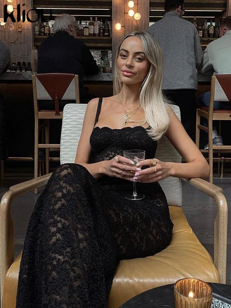 Kliou koronkowe solidne czarna sukienka Maxi kobiety widzą przez wydrążone długa obcisła sukienka szaty dziewczęce bez pleców, eleganckie przedsionki