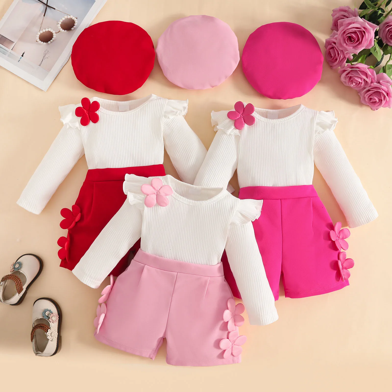 

Toddler Girl Clothes 5t Girls Comfortable And Fashionable Flying Sleeve Top Shorts Beret Three Piece Set Cute Baby Outfit