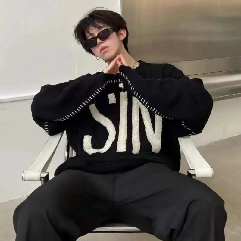 

Модный свободный вязаный свитер с надписью SIN, повседневный, из смесового хлопка, с длинными рукавами, круглым вырезом, для молодежи, зимний сезон
