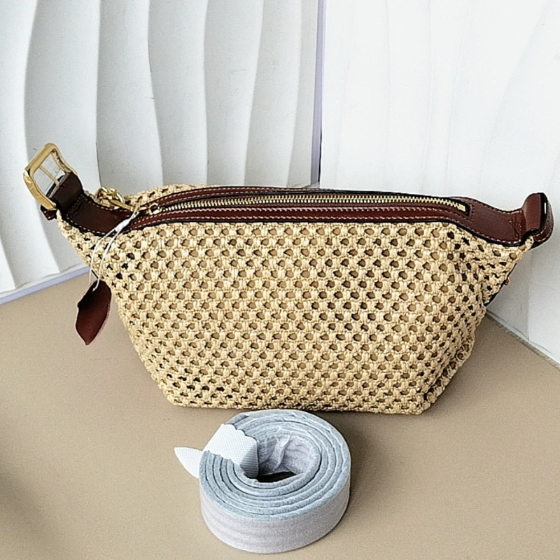 Straw Lunch Box Bag Genuine Leather Straps Hollow Out Woven Bag Beach Style Zipper Handbags Vintage Casual Mini Purse Clutch