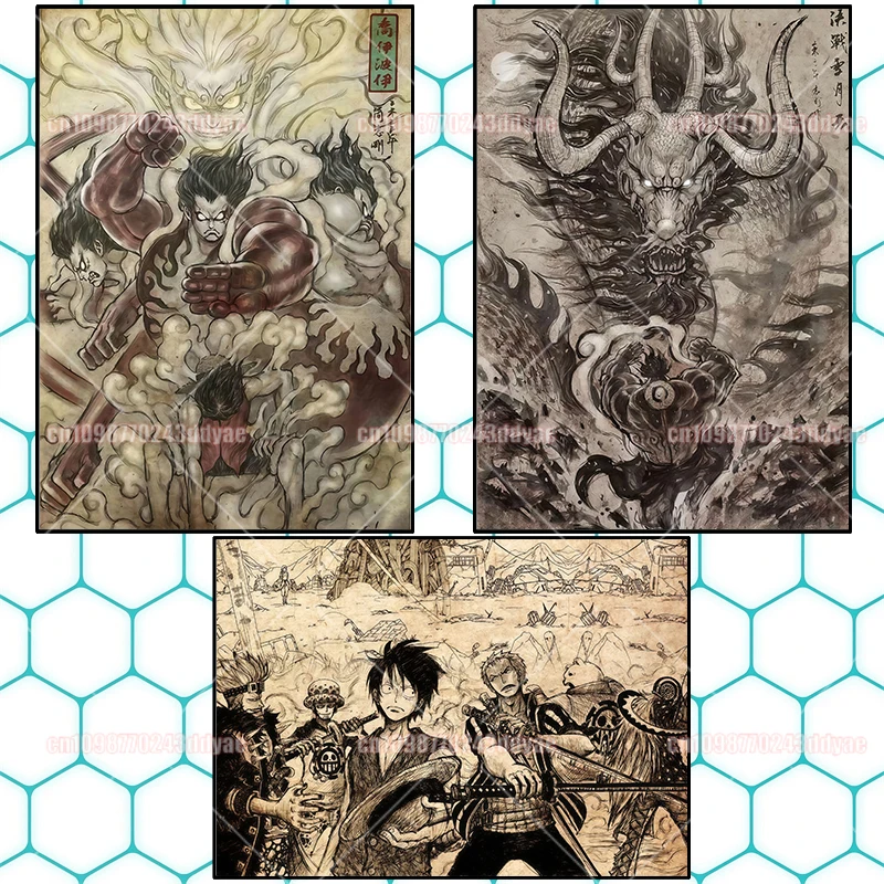 Une pièce Luffy Zoro Trafalgar Law Kaido grande maman rétro affiche créative HD toile peinture murale décorative cadeau d'art pour enfants