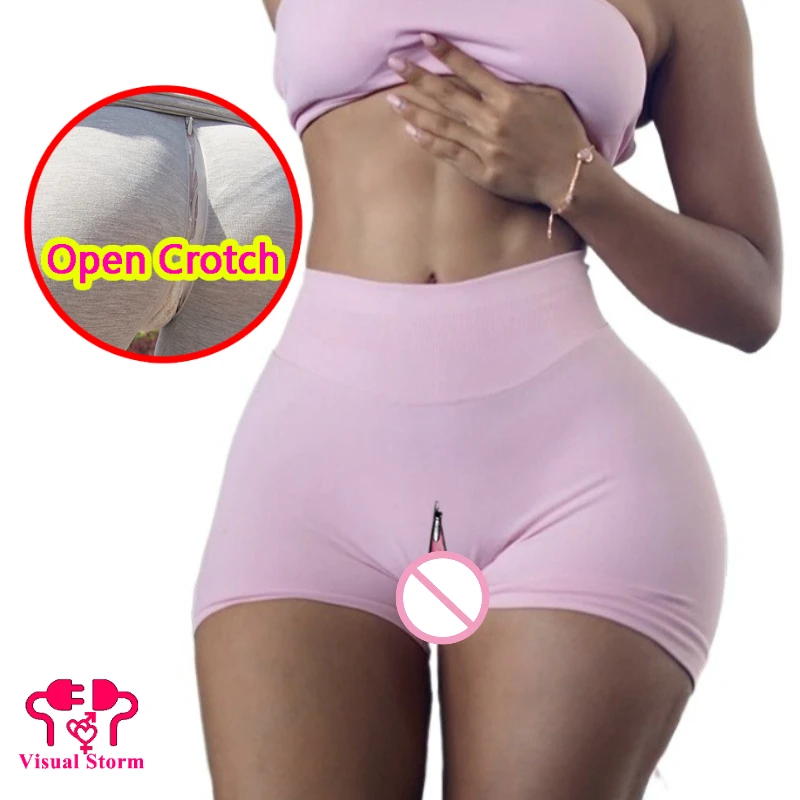 Women Open Crotch Butt Lifting Trainning Shorts Invisible Zipper Couple Outdoor Play Easy Mini Bottoms Gym Crotchless Clubwear