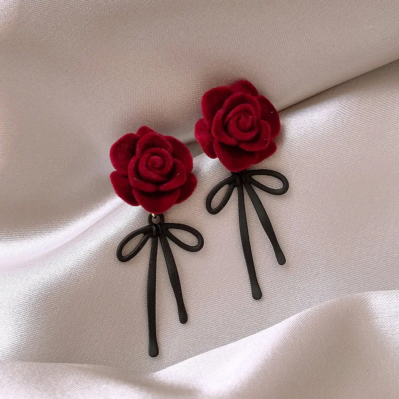 Flocking rose bow stud earrings French retro earrings Internet celebrity temperament light luxury high sense earrings women