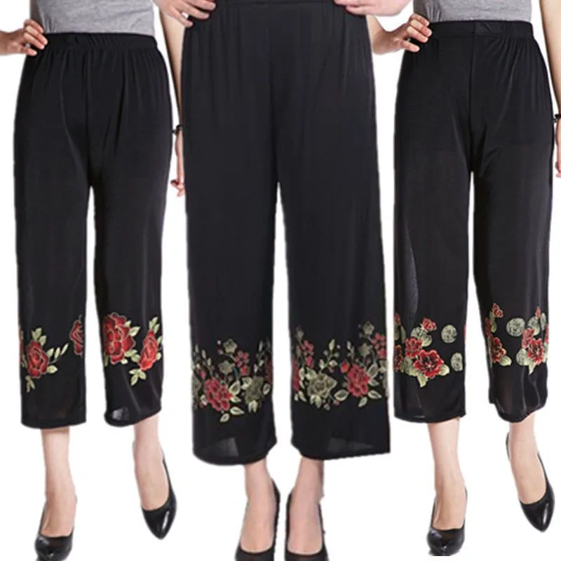 2023 New Autumn Fashion Minimalist Middle-aged Mom's Cropped Pants with Elastic Waist, Loose Waist, Casual Elderly Wide Legs