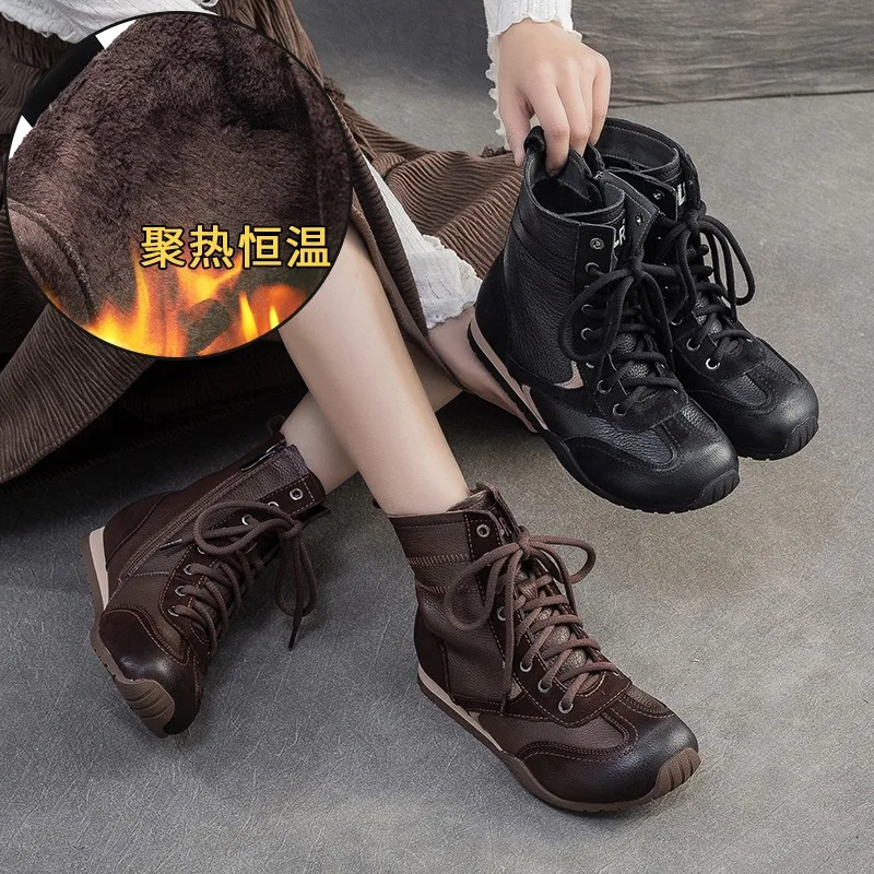 

Birkuir Mixed Color Winter Plush Snow Boots For Women Lace Up Zip Ankle Boots Flats Heel Genuine Leather Leisure Short Boots