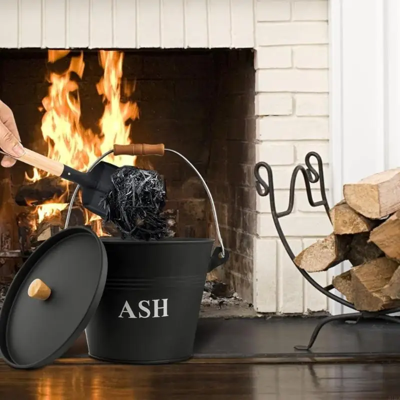   Fireplaces Ashes Bucket with Lid Sweeping Tool Hot Ashes Collect Bucket with Shovel and Brush For Indoor Outdoor Fireplaces