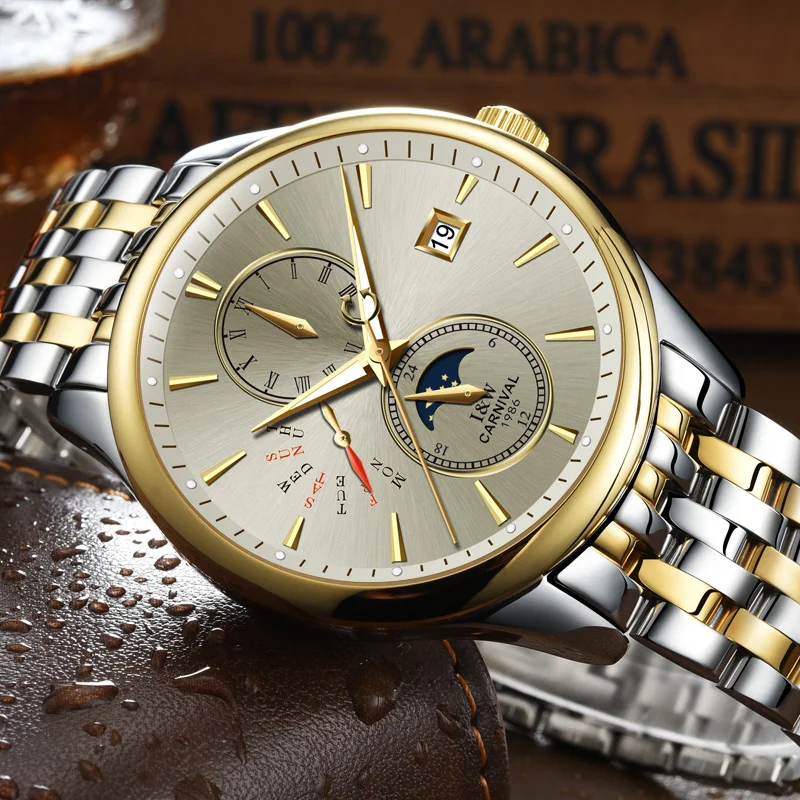 CARNIVAL Luxury Gold Watch For Men Automatic Mechanical Watch Top Brand Luxury Clock Weekly Calendar Display 2024 New Style 8732