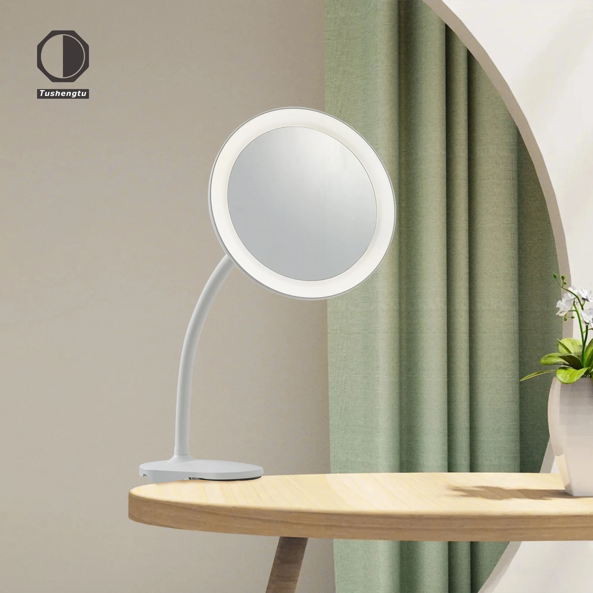 TUSHENGTU 6.5 "miroir de bureau de maquillage à clipser avec lumière, miroir grossissant flexible de voyage à col de cygne 10x, Recharge USB