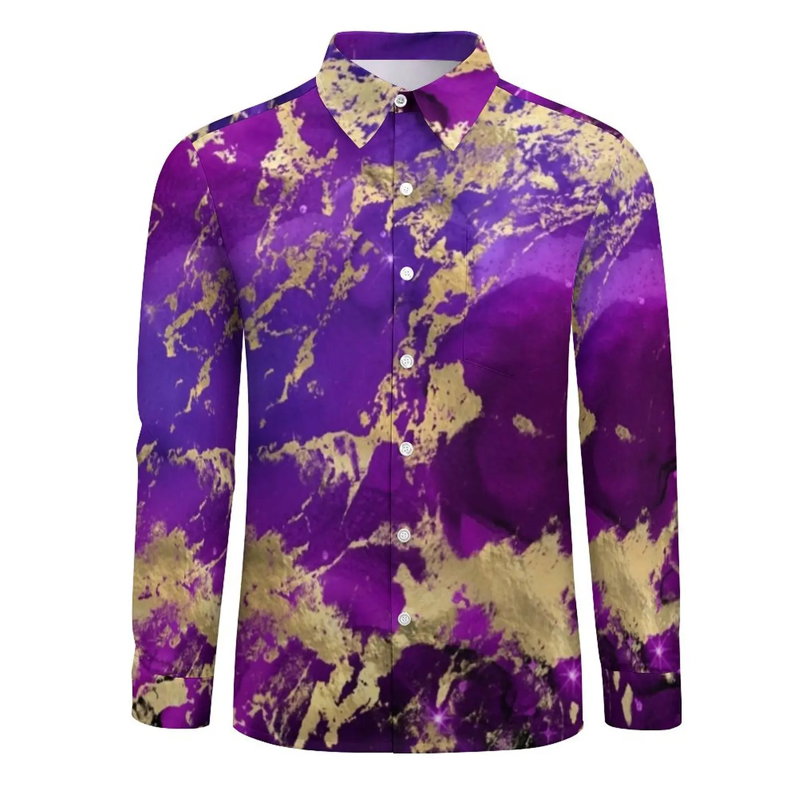 Purple And Gold Splash Shirt Autumn Marble Galaxy Casual Shirts Man Classic Blouse Long Sleeve Graphic Comfortable Tops Big Size