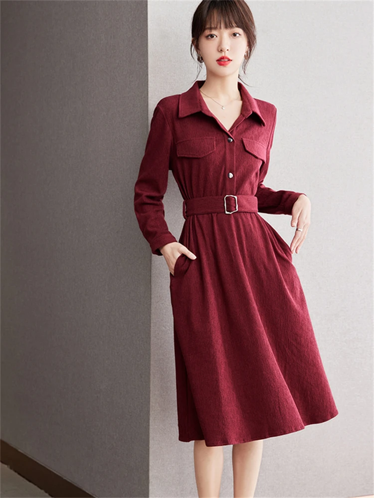 

Autumn 2023 Elegant Chic Wine Red Shirt Dress Women's Casual Slim Belted Long Sleeve Dresses Office Lady A2545