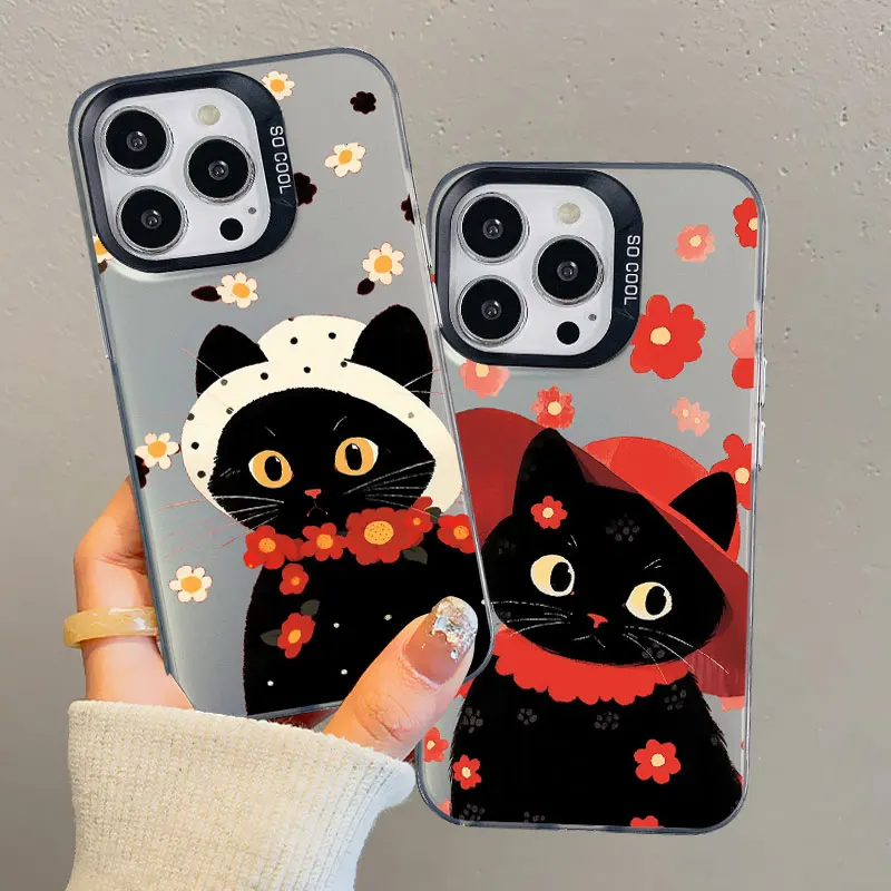 

Cute Fashionable Red Hat Black Cat Laser Phone Case For iPhone 15 16 17 Pro Max Plus 14 13 12 Mini 11 Pro Max Shockproof Covers