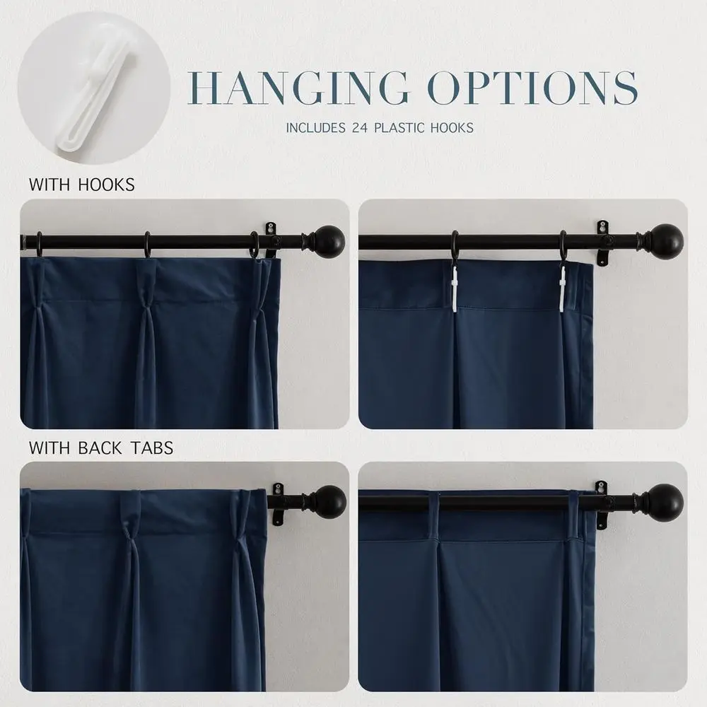 Navy Blue Velvet Pinch Pleat Room Divider Curtains, 66x84, Blackout & Thermal Insulated for Privacy in Living Room