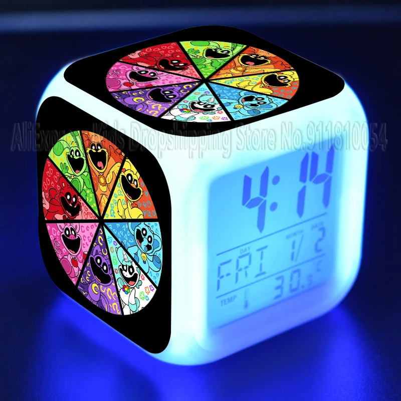 Jam Alarm anak, lonceng tersenyum, Jam Alarm, kartun, 7 Led, lampu malam, jam Tanggal, hadiah ulang tahun anak-anak