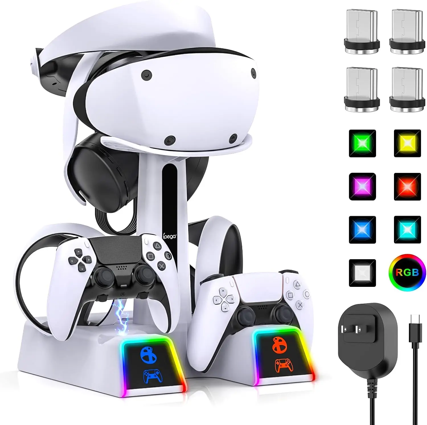 

For PS5 & PS VR2 RGB Controller Charging Station With 10 LED Lights Wireless Controller Charger Dock With VR2 Headset Holder