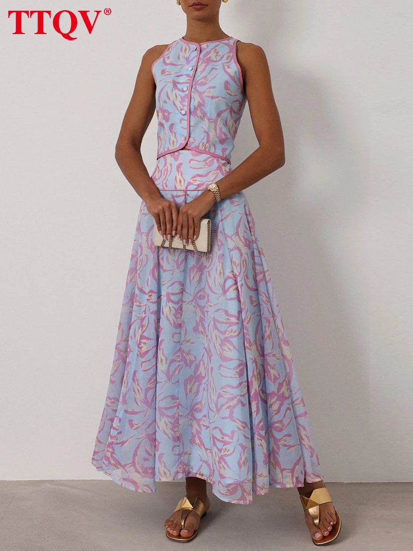 

TTQV Summer Loose Print 2 Piece Set Women Fashion Sleeveless Tank Top With High Waist Pleated Long Skirt Set Female Clothing
