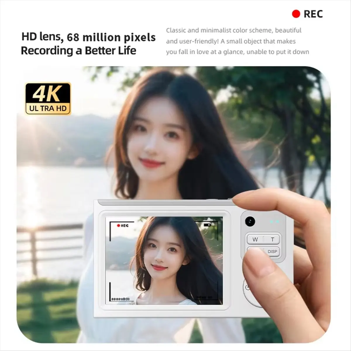 CANING- 4K Digital Camera WiFi Compact Camcorder 6800W Pixels 16x Zoom Dual Lens Selfie Cam 1080P Autofocus Photography White