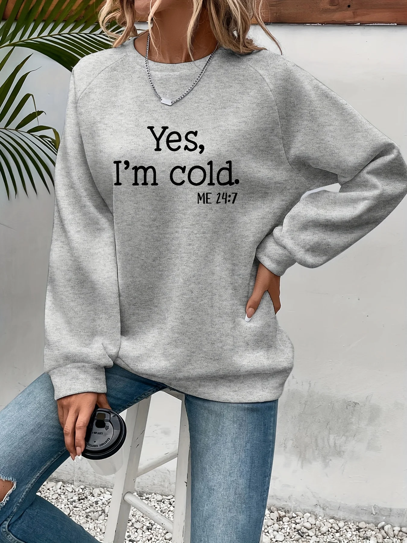 Yes I\'m Cold Letter Printed Sweatshirts For Womens Long Sleeves Crewneck Warm Hoodies Trend Simple Pullovers Female Clothing