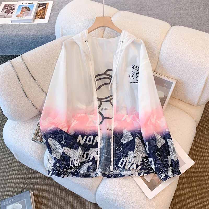 

ITOOLIN Thin Casual Coat For Women Patchwork Pirnted Sunscreen Coat Zipper Hooded Cardigan Thin Casual Loose Jacket Coats