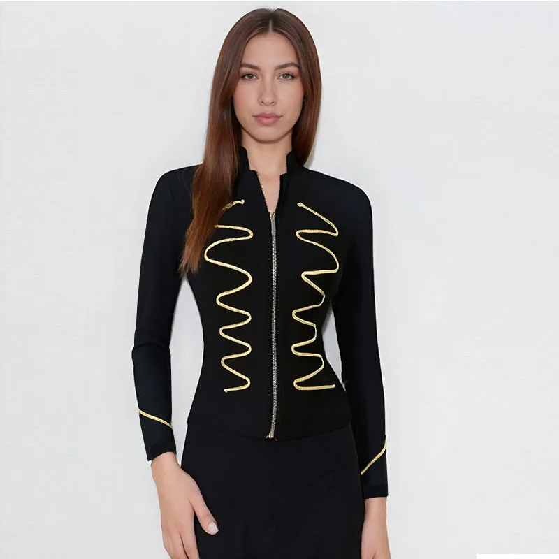 

Autumn New Women's Black Slim-fit Gold Silk Striped Stand-up Collar Jacket Long-sleeved Short Vacation Casual Jacket