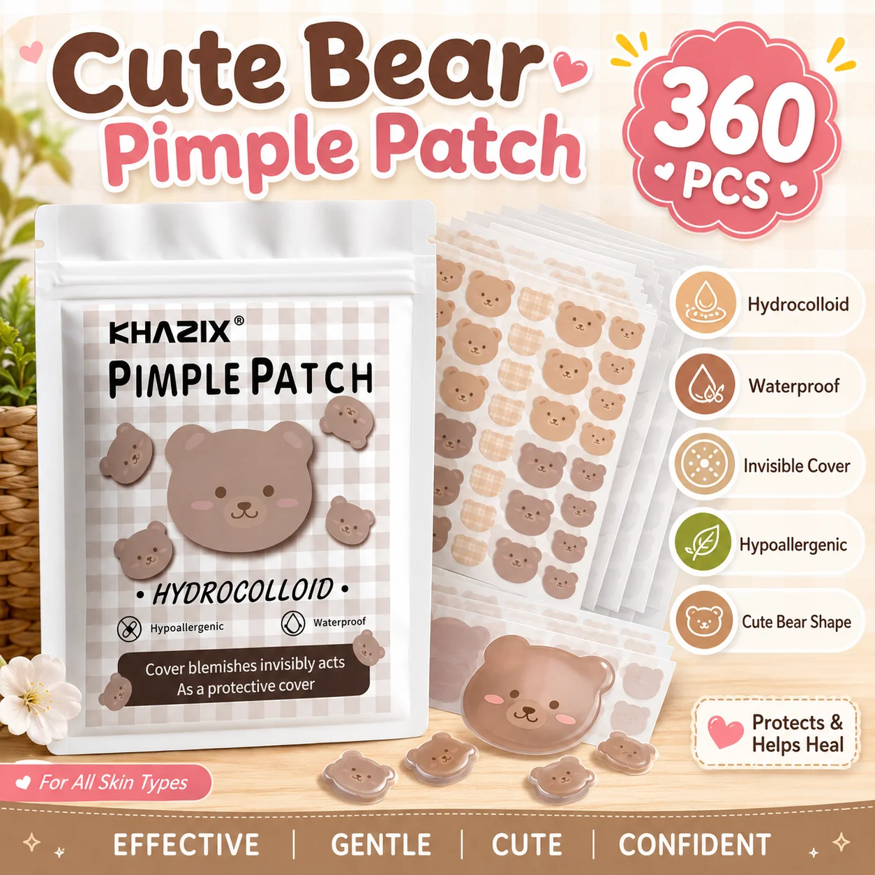 360-piece two-tone bear, cute acne-fighting, invisible pores, unisex, gentle and non-irritating