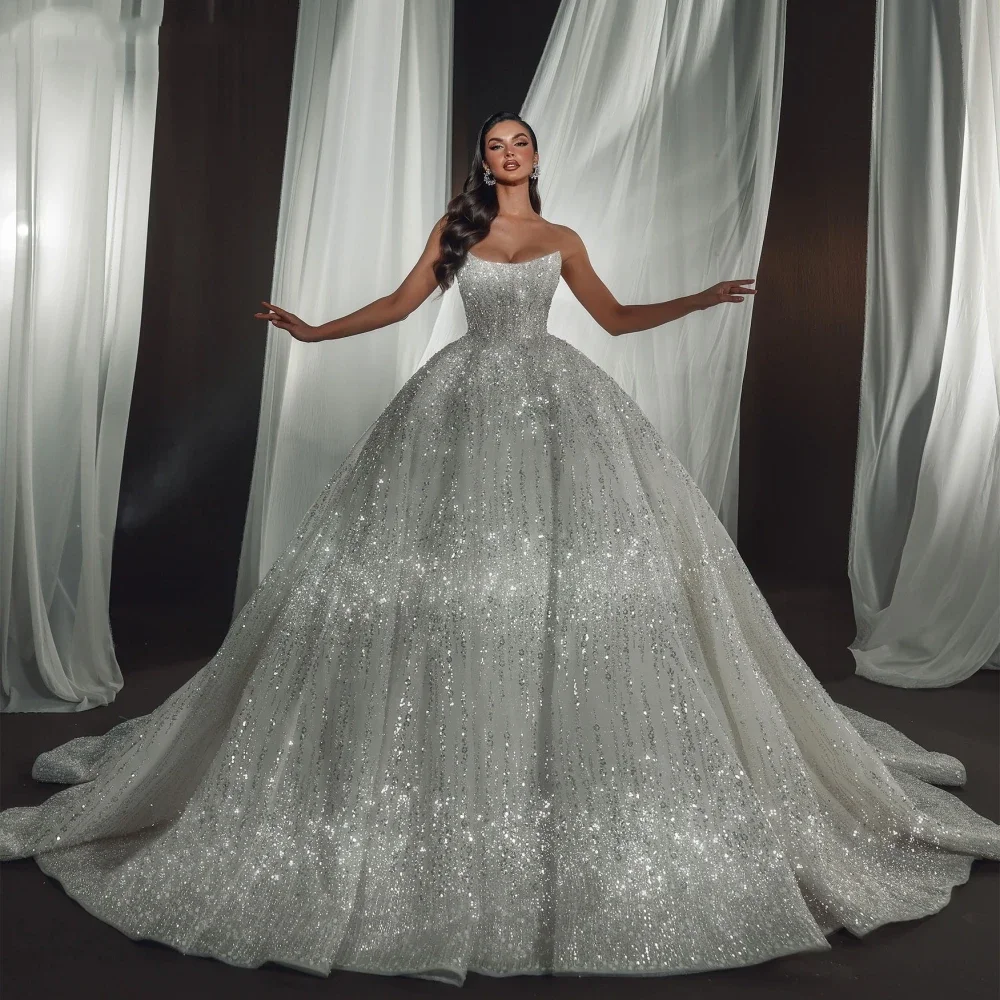 Flavinke personalizado sem alças sem mangas vestidos de noiva lantejoulas pérolas vestido de casamento de luxo vestido de baile noiva robe novia