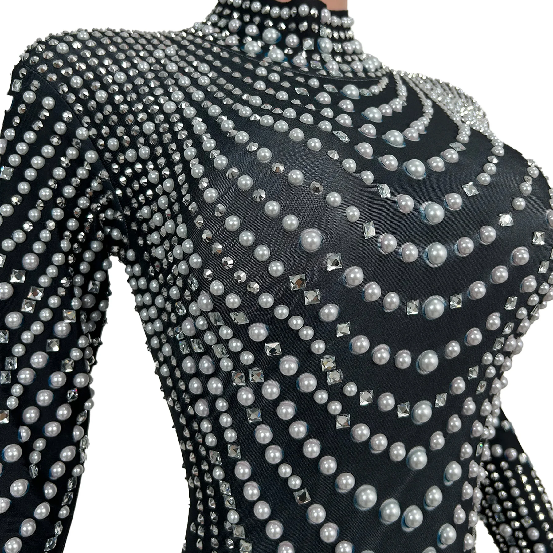 ชุดจั๊มสูทรัดรูปประดับมุกและคริสตัลสำหรับงานปาร์ตี้กลางคืน คาร์นิวัล  ชุดเต้นรำบนเวที ชุดดีเจ ชุดแสดง  เจิ้นจูหวัง