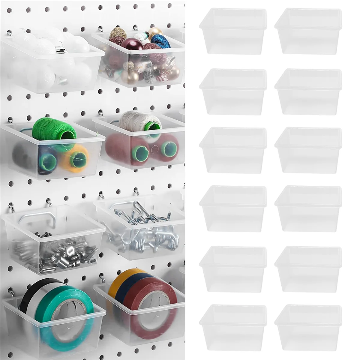 12 Pieces Pegboard Plastic Bins Kit - Pegboard Bins with Hooks - Pegboard Accessories Workbench Bins Fits to Peg Board