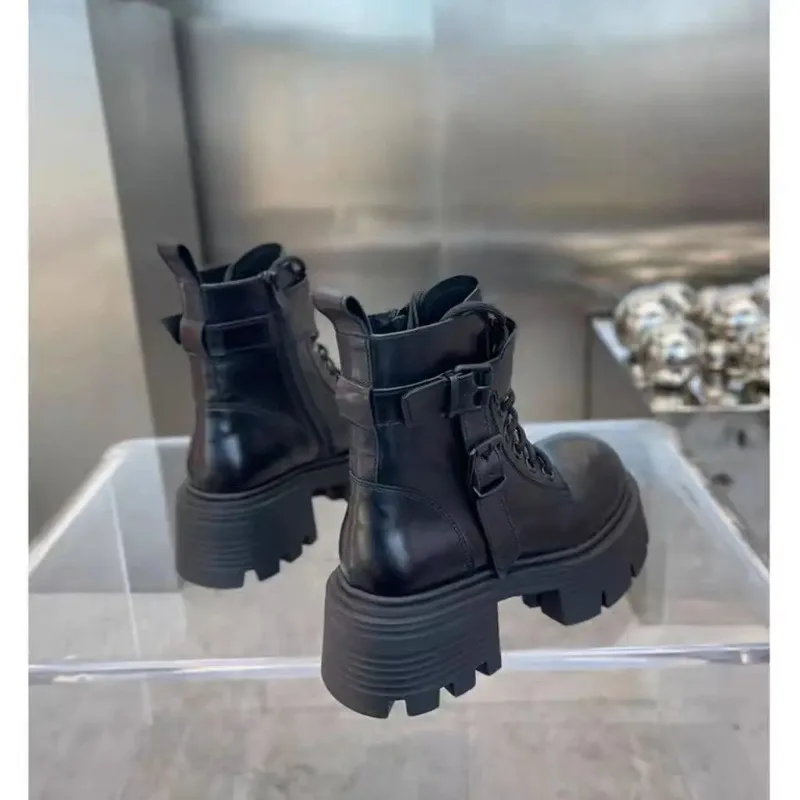 Black Punk Ankle Thick-soled Motorcycle Ankle Boots Women's Lace-up Spring Thick Heel Belt Buckle Pocket Designer Chunky Shoes
